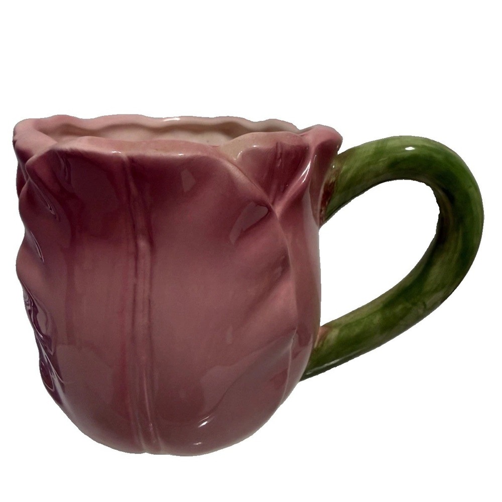 Hand Painted Pink Tulip Flower Mug Green Stem Handle Cottagecore 3.25"